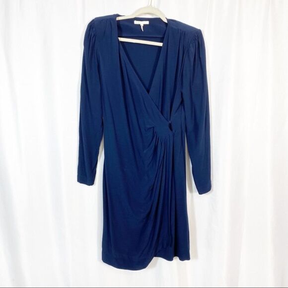 ✨HP✨Renie V-neck Long-sleeve Wrap In Navy Blue Viscose Short Casual Dress✨ - Picture 11 of 12
